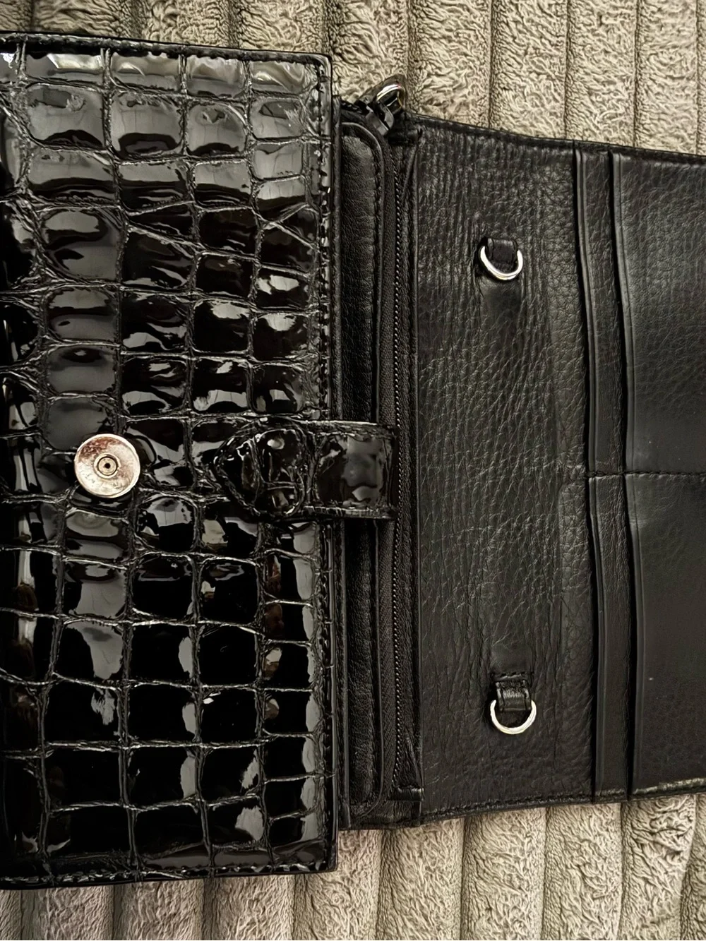 Brighton Black Croc-Embossed Patent Wallet with Silver Filigree Buckle